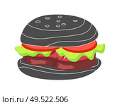 Hamburger with fresh tomatoes, lettuce leaf, grilled steak and sesame on bun. High calorie contain meal in black bread isolated cartoon flat vector illustration. Hamburger with Fresh Tomatoes and Lettuce Leaf. Стоковая иллюстрация, агентство Ingram Publishing / Фотобанк Лори