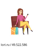 Female shopaholic woman with mobile phone vector. Lady tired from shopping relaxing in cozy armchair, person with cell. Bags with purchased items. Female Shopaholic Woman with Mobile Phone Vector. Стоковая иллюстрация, агентство Ingram Publishing / Фотобанк Лори