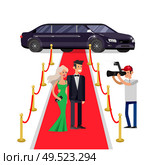 Vector detailed character rich and beautiful celebrities, man in tails and blond woman in evening dress, celebrities walking on a red carpet, with limousine. Two rich and beautiful celebrities. Стоковая иллюстрация, агентство Ingram Publishing / Фотобанк Лори