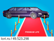 detailed vector luxury limousine car and red carpet for world premiere, red carpet for celebrities and guests. Vector red carpet and luxury limousine. Luxury limousine car. Стоковая иллюстрация, агентство Ingram Publishing / Фотобанк Лори