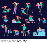 Vector people character. Mother and daughter spending time together, read a book and play, bathe the baby, walk and shopping. Colorful flat concept illustration.. Vector people character. Mother and daughter spending time together. Стоковая иллюстрация, агентство Ingram Publishing / Фотобанк Лори