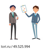 Man showing business plan to manager with cell phone vector. Companion of chief executive, office worker wearing suit. Owner of strategy planning. Man Showing Business Plan to Manager with Cell. Стоковая иллюстрация, агентство Ingram Publishing / Фотобанк Лори