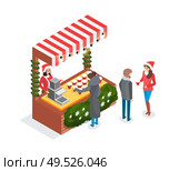 Christmas fair seller on street, stall coffee vector. Hot beverages espresso in cup, people wearing warm clothes winter season. Coffehouse service. Christmas Fair Seller on Street Stall with Coffee. Стоковая иллюстрация, агентство Ingram Publishing / Фотобанк Лори