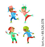 Children Christmas winter vacations holidays set vector. Kids playing snowball fight together, child wearing warm clothes on skating rink. Fun infants. Children Christmas Winter Vacations Holidays Set. Стоковая иллюстрация, агентство Ingram Publishing / Фотобанк Лори