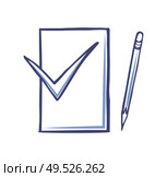 Blank paper sheet, sharp pencil for writing and approval sign, office supply vector. Document, ok sign and stationery tool vector isolated icons on white. Blank Paper Sheet Pencil for Writing Approval Sign. Стоковая иллюстрация, агентство Ingram Publishing / Фотобанк Лори