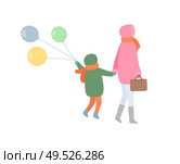 Mum and child turning back in jacket with hoot and scarf in trousers and boots. Mother holding handbag and kid going with balls, vector isolated on white. Mm and Child Turning Back in Warm Clothes Vector. Стоковая иллюстрация, агентство Ingram Publishing / Фотобанк Лори