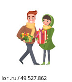 Christmas winter holidays preparation shopping vector. Couple man and woman shoppers holding presents boxes bought on sale. Gift exchanging tradition. Christmas Winter Holidays Preparation Shopping. Стоковая иллюстрация, агентство Ingram Publishing / Фотобанк Лори