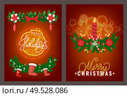 Greeting Merry Christmas and Happy New Year on shining ball and holiday candle with bubble. Branches and pine cones with candy and snowflakes vector. Greeting Merry Christmas and Happy New Year Vector. Стоковая иллюстрация, агентство Ingram Publishing / Фотобанк Лори