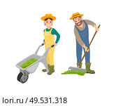 Farming man and woman dealing with compost spreading on ground. Female with trolley, man working using rake. Agriculture works and husbandry vector. Farming Man and Woman Compost Vector Illustration. Стоковая иллюстрация, агентство Ingram Publishing / Фотобанк Лори