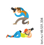 Photographers making picture with modern digital cameras from bottom angles. Man sitting or guy in cap lying to take photo vector illustrations set.. Photographers Taking Photos from Bottom Angle. Стоковая иллюстрация, агентство Ingram Publishing / Фотобанк Лори