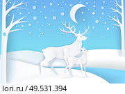 Deer and fawn near trees, dark sky and snow falling weather. Card in flat style with animals near woods, snowy sky with big moon in white color vector, paper art and craft style. Deer and Fawn in Snowy Forest at Night Vector. Стоковая иллюстрация, агентство Ingram Publishing / Фотобанк Лори