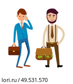Businesspeople going to make a bargain. Boss speaking on phone, client with big bag full of money. Intention to achieve agreement, vector business characters. Businesspeople Going to Make Bargain Bosses Vector. Стоковая иллюстрация, агентство Ingram Publishing / Фотобанк Лори