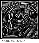 Digital Scratchboard. Life Lines series. Backdrop of human profile and woodcut pattern in association with human drama, poetry and inner symbols. Стоковое фото, агентство Ingram Publishing / Фотобанк Лори