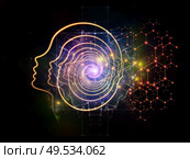 Out of Your Mind Science series. Background of spiral of human silhouette face line and abstract elements on the subject of consciousness, the mind, artificial intelligence and technology. Стоковое фото, агентство Ingram Publishing / Фотобанк Лори