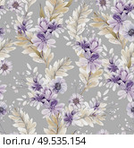 Watercolor pattern with the different purple  flowers and wild herbs. Illustration. Watercolor pattern with the different purple  flowers and wild herbs. . Стоковое фото, агентство Ingram Publishing / Фотобанк Лори
