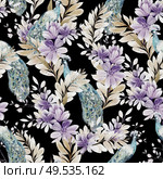 Watercolor pattern with the different purple flowers and wild herbs, peacock bird. Illustration. Watercolor pattern with the different purple flowers and wild herbs, peacock bird. Стоковое фото, агентство Ingram Publishing / Фотобанк Лори