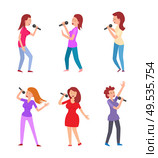 Music singers characters with microphones performing vector. Singing ladies dressed in formal and stylish clothes, vocalists with mike dancing performers. Music Singers Characters Microphones Performing. Стоковая иллюстрация, агентство Ingram Publishing / Фотобанк Лори