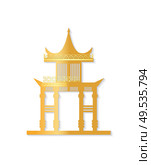 Golden Japan gate with decorated roof isolated object on white background. Torii gateway sign in flat style. Japanese traditional classic symbol vector. Golden Japan Gate with Decorated Roof Vector. Стоковая иллюстрация, агентство Ingram Publishing / Фотобанк Лори