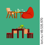Wooden chair and stool, big soft beanbag, fresh fruit drink and sweets in glass and sushi on board. Wood table serving with plates, teapot and plant vector. Table and Fresh Drink, Sushi on Board Vector Icons. Стоковая иллюстрация, агентство Ingram Publishing / Фотобанк Лори