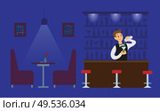 Night club bartender in empty hall with drink glass vector. Male working in evening shifts, alcoholic beverage in bottle, servant sommelier with bar. Night Club Bartender in Empty Hall with Drink. Стоковая иллюстрация, агентство Ingram Publishing / Фотобанк Лори