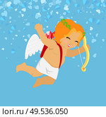 Cheerful Cupid holding bow, Valentines Day. Little boy Amour with wings isolated on blue vector cartoon. Festive romantic postcard with angle and hearts. Cheerful Cupid Holding Bow, Valentines Day Vector. Стоковая иллюстрация, агентство Ingram Publishing / Фотобанк Лори