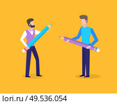 People holding big wooden pencil with erasers vector. Person studying, males with friend wearing formal wear, students ready to write thesis and essay. People Holding Big Wooden Pencil with Erasers. Стоковая иллюстрация, агентство Ingram Publishing / Фотобанк Лори