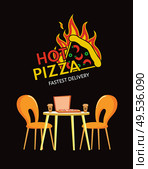 Hot pizza fastest delivery vector, pizzeria Italian cuisine isolated logotype. Slice with chili pepper and olives, table and chairs interior of restaurant. Hot Pizza Fastest Delivery, Pizzeria Cuisine Logo. Стоковая иллюстрация, агентство Ingram Publishing / Фотобанк Лори