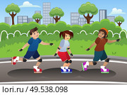 A vector illustration of a group of kids rollerblading outdoor. Стоковая иллюстрация, агентство Ingram Publishing / Фотобанк Лори