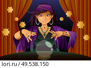 A vector illustration of fortune teller woman reading future on magical crystal ball. Стоковая иллюстрация, агентство Ingram Publishing / Фотобанк Лори