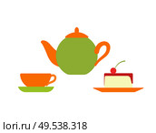 Teapot with mug and plate vector, isolated icon of served cake with cherry berry. Dessert with boiled water, teatime cafe with sweet dishes porcelain. Teapot with Mug and Plate, Served Cake with Cherry. Стоковая иллюстрация, агентство Ingram Publishing / Фотобанк Лори