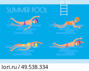 Summer pool professional swimmers wearing goggles special glasses and mask. Swimming suit people in basin training together poster, summertime activities. Summer Pool Swimmers Poster Vector Illustration. Стоковая иллюстрация, агентство Ingram Publishing / Фотобанк Лори