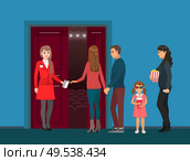 Movies theatre, cinema hall entrance, spectators and check-taker vector. Woman with popcorn, girl in 3D glasses with soda, couple and administrator. Cinema Hall Entrance, Spectators and Check-Taker. Стоковая иллюстрация, агентство Ingram Publishing / Фотобанк Лори