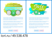 Spring sale forty five percent off, total discounts till 70 , vector web posters set with blooming flowers on promo labels. Template of online page or site. Spring Sale 45 Percent Off, Total Discount Till 70. Стоковая иллюстрация, агентство Ingram Publishing / Фотобанк Лори