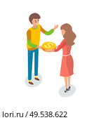 Male and woman in crowdfunding project, practice of funding venture by raising money from large number of people, typically via Internet, vector isolated. People in Crowdfunding Project, Funding Venture. Стоковая иллюстрация, агентство Ingram Publishing / Фотобанк Лори