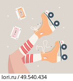 Hand drawn illustration with female legs and tube socks and retro roller skates. Colorful vector illustration. Стоковая иллюстрация, агентство Ingram Publishing / Фотобанк Лори