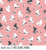 Seamless pattern with roller skates and cassette tapes. Retro hand drawn laced boots, colorful vector illustration. Стоковая иллюстрация, агентство Ingram Publishing / Фотобанк Лори