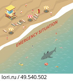 Beach lifeguards with loudspeakers warning people about shark 3d isometric vector illustration. Стоковая иллюстрация, агентство Ingram Publishing / Фотобанк Лори