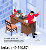 Writer at work getting creative ideas at workplace isometric composition with traditional office interior objects vector illustration. Стоковая иллюстрация, агентство Ingram Publishing / Фотобанк Лори