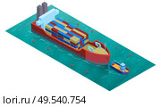 Isometric water transport composition with square platform water surface trawler boat and barge loaded with cargo vector illustration. Стоковая иллюстрация, агентство Ingram Publishing / Фотобанк Лори