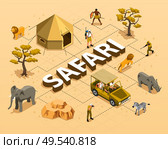 Safari isometric flowchart with wild animals car tent trees and hunters 3d vector illustration. Стоковая иллюстрация, агентство Ingram Publishing / Фотобанк Лори
