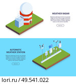Set of two isometric meteorological center horizontal banner with images of radars editable text and buttons vector illustration. Стоковая иллюстрация, агентство Ingram Publishing / Фотобанк Лори