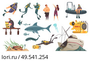 Scuba diving flat comics elements set  swimming with fish ocean bottom sunken ship wetsuit bathyscaphe vector illustration. Стоковая иллюстрация, агентство Ingram Publishing / Фотобанк Лори