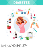 Cartoon concept with diabetes treatment and woman suffering from dizziness vector illustration. Стоковое фото, агентство Ingram Publishing / Фотобанк Лори