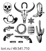 Cowboy emblem monochrome vintage icon set with sheriff badge skull pistols revolvers cowboy attributes vector illustration. Стоковая иллюстрация, агентство Ingram Publishing / Фотобанк Лори