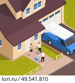 Water delivery isometric outdoor composition with entrance to living house with characters of worker and hosts vector illustration. Стоковая иллюстрация, агентство Ingram Publishing / Фотобанк Лори