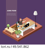 Gluttony isometric concept with man eating junk food and working on laptop 3d vector illustration. Стоковая иллюстрация, агентство Ingram Publishing / Фотобанк Лори