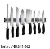 Butchers knives set on magnetic holder closeup realistic image with cleaver chopper steel sharpening rod vector illustration. Стоковая иллюстрация, агентство Ingram Publishing / Фотобанк Лори