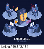 Isometric hacker composition with set of round platforms and characters of cyber criminals at computer tables vector illustration. Стоковая иллюстрация, агентство Ingram Publishing / Фотобанк Лори