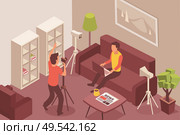 Blogger isometric composition with domestic environment furniture and video blog shooting process with faceless human characters vector illustration. Стоковая иллюстрация, агентство Ingram Publishing / Фотобанк Лори