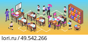 Isometric junior school narrow composition with children sitting at desks books in library case with arrows vector illustration. Стоковая иллюстрация, агентство Ingram Publishing / Фотобанк Лори